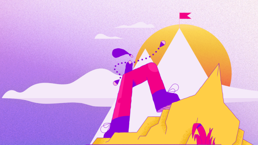 Ilustración de una mujer ascendiendo por una montaña hacia una cima con una bandera, bajo un sol brillante.