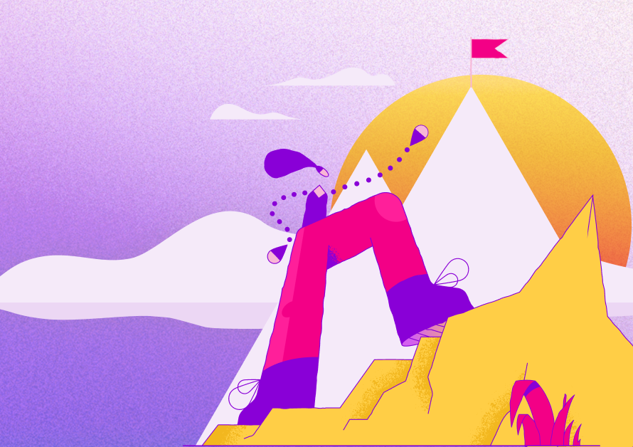 Ilustración de una mujer ascendiendo por una montaña hacia una cima con una bandera, bajo un sol brillante.